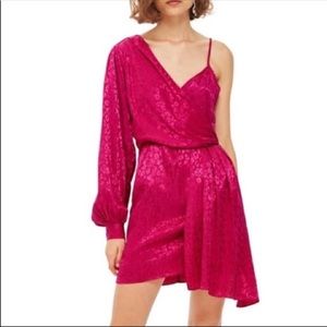 Topshop One-Shoulder Drop Jacquard Hot Pink Dress